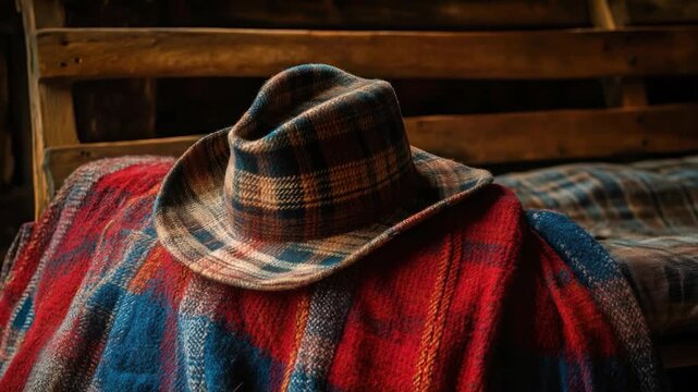 Plaid cowboy hat atop a colorful blanket