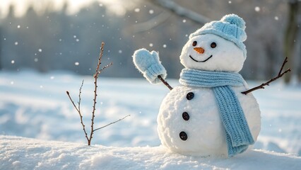 A cheerful snowman wearing a blue hat and scarf waves amid softly falling snow. Surrounded by a snowy winter landscape, it radiates warmth, friendliness, and festive winter charm in a soft, dreamy atm