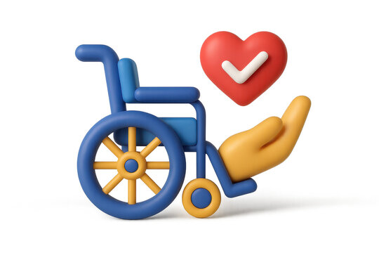 3D medical illustration features colorful wheelchair alongside hand holding heart symbol, representing care and support for individuals with disabilities. This conveys compassion and accessibility
