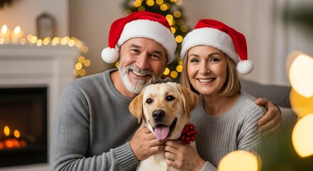Happy Senior Couple with Puppy Celebrating Christmas