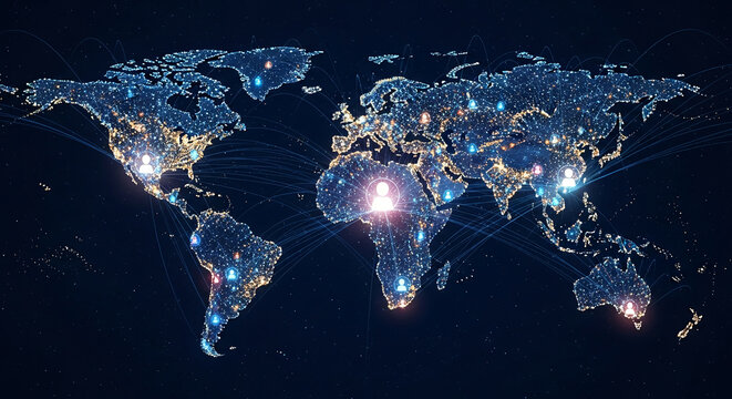 World map, network connections represented by glowing lines. Connection between country, symbolizing global network, communication, business expansion
