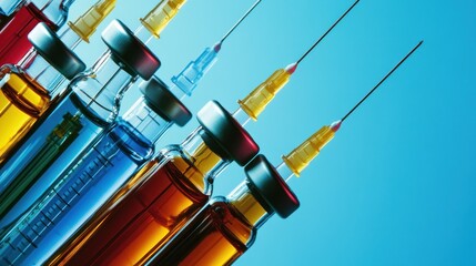 Lined colorful vaccine vials & needles, oblique angle on blue background
