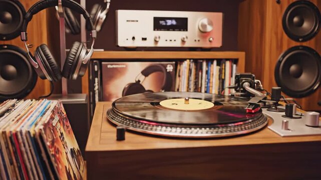 Vintage Audio Setup - A classic turntable is spinning a vinyl record in front of a bookshelf filled with albums, creating a warm, nostalgic atmosphere.
