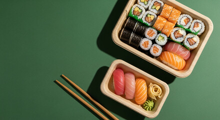 Top view of sushi assortment in container with chopsticks on green. Represents Japanese cuisine, fresh seafood, cultural delicacy, dining experience