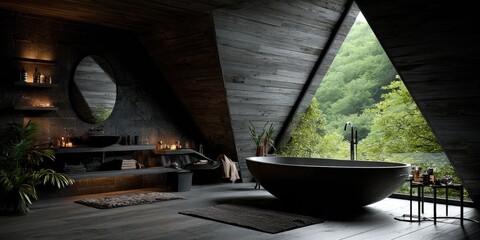 Modern rustic bathroom with triangular window and nature view