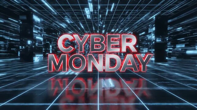 Cyber Monday Digital Sale - An abstract digital background featuring the text "Cyber Monday" in silver with a red glow.