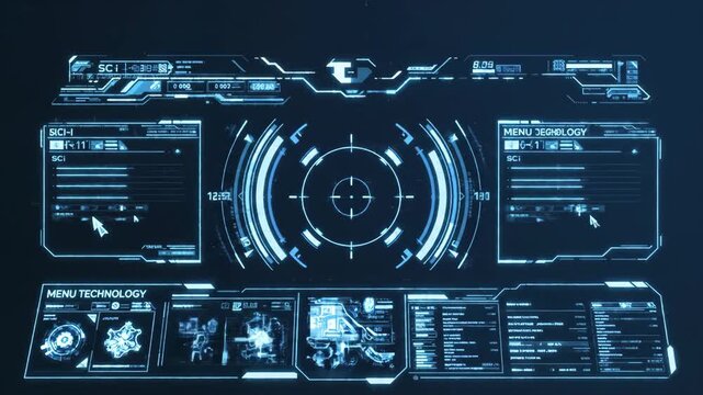 Futuristic HUD Display Interface - A detailed, illuminated interface screen, designed with a sci-fi aesthetic, displays complex technical data, menus, and targeting systems.
