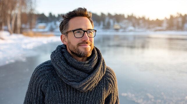 A young man smiles in a snowy winter forest. A guy walks outside in a park. Portrait of a man in the fresh air in winter. An active lifestyle in winter during vacation or holidays. - Powered by Adobe