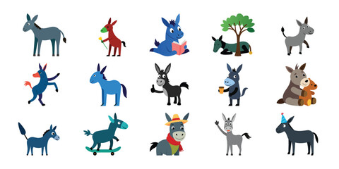 Collection of whimsical cartoon donkeys in various poses and activities showcasing playful and diverse characters