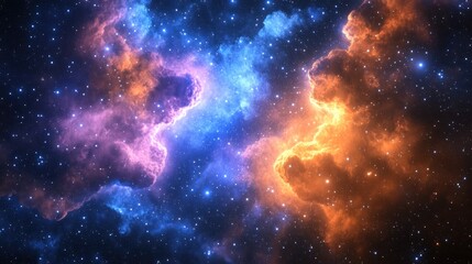 Cosmic nebula with vibrant clouds of purple, blue, and orange amidst starry sky