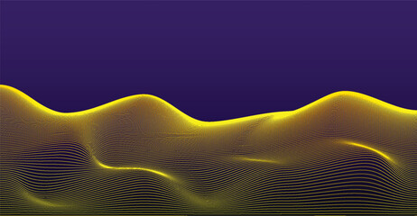 Abstract Futuristic AI Data Golden Waves on Dark Purple Background: Modern Design.