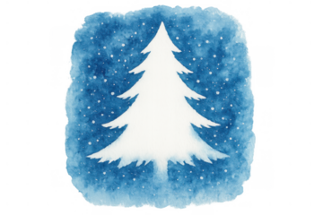 White christmas tree illustration with falling snow on blue watercolor background, winter holiday concept