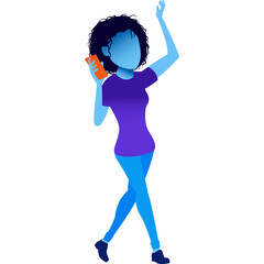 Modern Cartoon Woman In Blue Purple Tones Holding A Phone And Waving With A Transparent Background