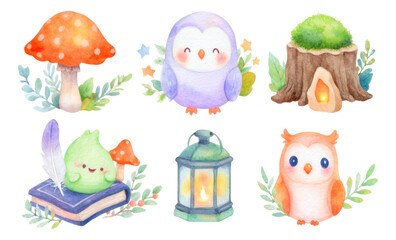 Naklejka premium Adorable Watercolor Illustrations of Forest Animals and Nature Elements Isolated
