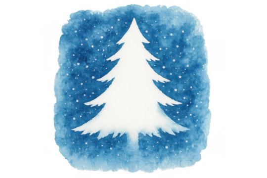 White christmas tree illustration with falling snow on blue watercolor background, winter holiday concept