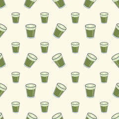 Seamless pattern of green matcha cups on soft beige, playful and modern. Perfect for cafe branding, food packaging, lifestyle, and wellness design themes.