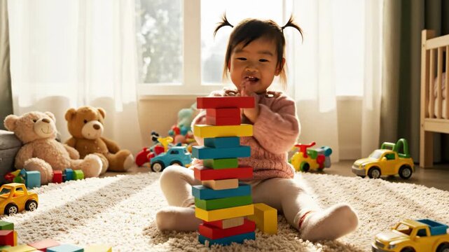 Joyful toddler stacking colorful wooden blocks at home indoors