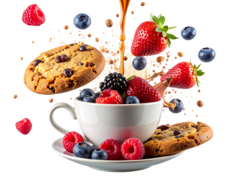 Fresh berries and chocolate chip cookies overflowing from a white cup with splash