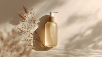 a simple skincare bottle with shadow beige background