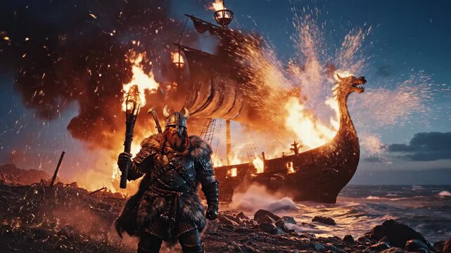 Viking Warrior with Burning Ship - A fierce Viking warrior stands on a rocky shore holding a torch, with a burning Viking ship in the background.