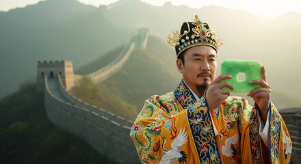 Han Dynasty emperor in elegant silk robes takes a selfie with jade plaque by the Great Wall of China