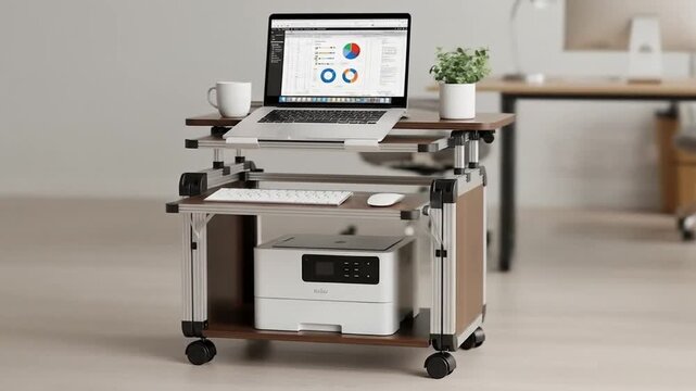 Dynamic view of a versatile mobile standing desk setup with laptop, printer, and office essentials