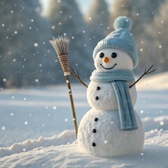 A cheerful snowman wearing a blue hat and scarf waves amid softly falling snow. Surrounded by a snowy winter landscape, it radiates warmth, friendliness, and festive winter charm in a soft, dreamy atm