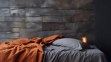 Relaxing vibes in a modern bedroom with stone wall and candle, perfect for cozy interiors and creating a serene atmosphere at home