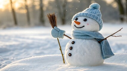 A cheerful snowman wearing a blue hat and scarf waves amid softly falling snow. Surrounded by a snowy winter landscape, it radiates warmth, friendliness, and festive winter charm in a soft, dreamy atm