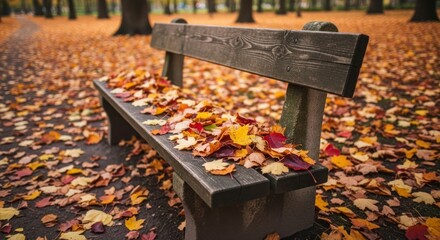 Autumn park bench covered in colorful fallen leaves.