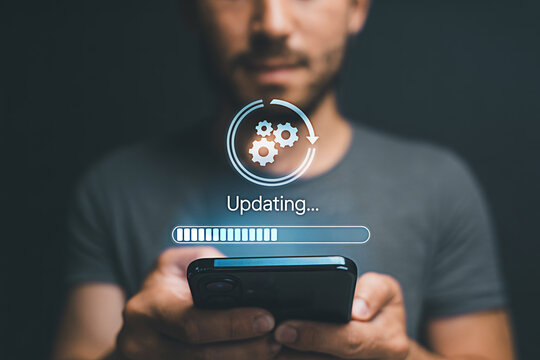 Mobile phone software update in progress man holding smartphone updating apps system upgrade technology