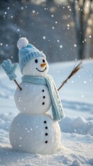 A cheerful snowman wearing a blue hat and scarf waves amid softly falling snow. Surrounded by a snowy winter landscape, it radiates warmth, friendliness, and festive winter charm in a soft, dreamy atm
