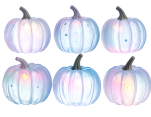 Six glowing pastel pumpkins arranged in two rows on a black background