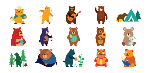 Collection of adorable cartoon bears engaged in various activities and hobbies on white background © mdkamran