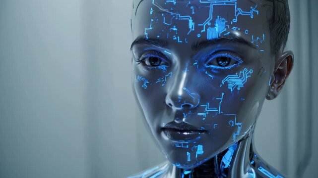 android robot cyborg portrait with glowing circuit technology on face. bright neon lines highlight look stare into distance. digital pattern lights skin futuristic portrait with advanced glow effect
