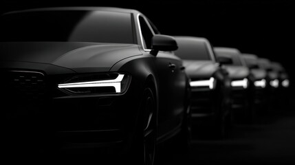 Obraz premium Sleek, monochrome image of several dark sedans parked in a row, illuminated headlights