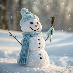 A cheerful snowman wearing a blue hat and scarf waves amid softly falling snow. Surrounded by a snowy winter landscape, it radiates warmth, friendliness, and festive winter charm in a soft, dreamy atm