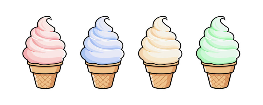 Four soft serve ice cream cones in pink, blue, cream, and green swirls on white background, perfect for summer treats, dessert themes, and kids content.