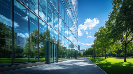 Modern office block with glass facade surrounded by lush green grass, trees, and a clear blue sky under sunlight.