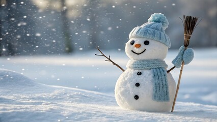 A cheerful snowman wearing a blue hat and scarf waves amid softly falling snow. Surrounded by a snowy winter landscape, it radiates warmth, friendliness, and festive winter charm in a soft, dreamy atm