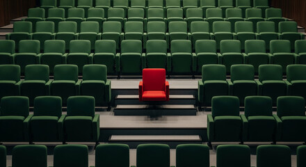 Rows of green seat, with one red seat on steps. Represents individuality, difference, leadership, or a special event in a theater or auditorium