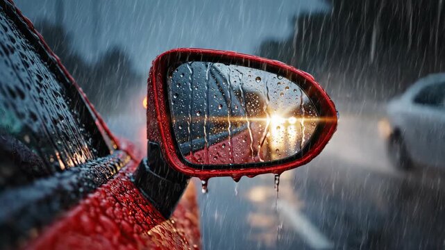 A red car's side mirror reflects the bright headlights of another vehicle while driving on a wet highway during a heavy rainstorm at night