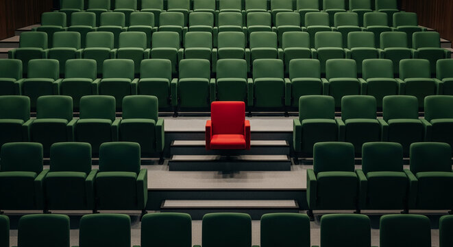 Rows of green seat, with one red seat on steps. Represents individuality, difference, leadership, or a special event in a theater or auditorium