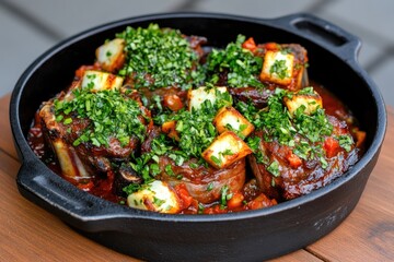 Fototapeta premium Succulent braised beef short ribs with fresh herb garnish in cast iron skillet