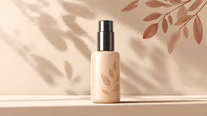 a simple skincare bottle with shadow beige background