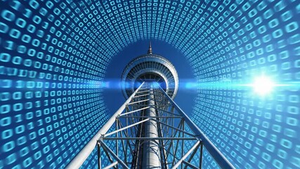 A tall telecommunication tower broadcasts data into a futuristic sky made of a digital tunnel of glowing blue binary code symbolizing global internet connectivity and 5G network technology - Powered by Adobe