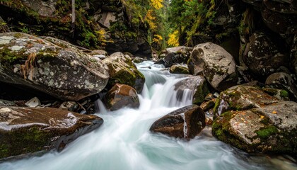 Mountain Stream Flowing Through Mossy Rocks and Autumn Foliage During Golden Hour