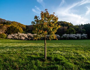 Single tree in a field of wildflowers, with cherry blossoms in the background