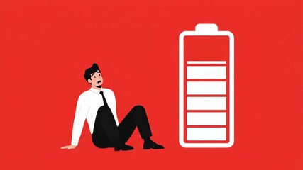 An exhausted cartoon businessman is slumped on the floor next to a giant low battery icon with a red warning symbolizing professional burnout stress and complete exhaustion