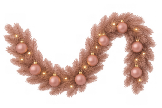 Pink festive christmas garland with decorative baubles and glowing lights, celebrating holiday season decor, transparent background